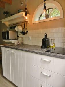 a kitchen with white cabinets and a counter top at Tiny House Tholen in Tholen