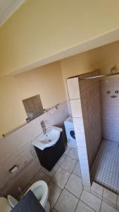 y baño con lavabo, aseo y ducha. en Serenity Retreat Cottage, en Windhoek