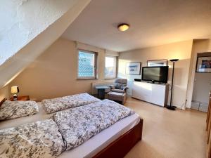 Schlafzimmer mit einem Bett und einem Flachbild-TV in der Unterkunft Wohnung in Greven - nähe Münster in Greven