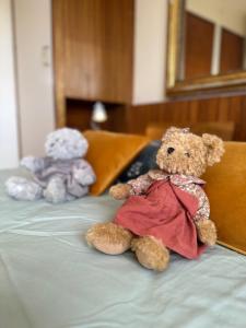 Dois ursos de peluche sentados em cima de uma cama em Chambre privée dans Maison Familiale em Veyrier-du-Lac