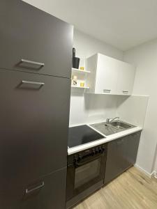 een keuken met een roestvrijstalen koelkast en een wastafel bij Luxury Apartment Ottweiler in Ottweiler