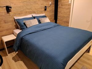 a bed with a blue comforter in a bedroom at Landelijk Tiny house in gemeente Edam/Volendam in Middelie