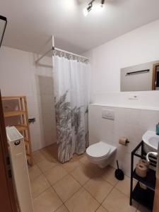 a bathroom with a toilet and a shower curtain at [R]Auszeit in Nittendorf +12 photos
