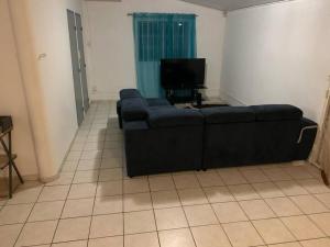 a living room with a couch and a television at Sublime T4 à kourou avec piscine in Kourou