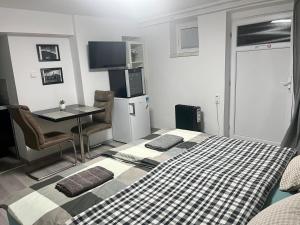 a bedroom with a bed and a table and a desk at Apartmánek Patricie room with kitchenette suitable for 2 adults and 2 children in Mikulov