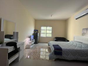 a bedroom with a bed and a desk and a television at Furnished Studio Apartment in Abu Dhabi