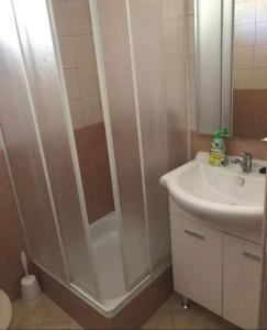 uma casa de banho com um chuveiro e um lavatório. em Hacijenda za odmor iz snova uz potpunu privatnost em Mostar