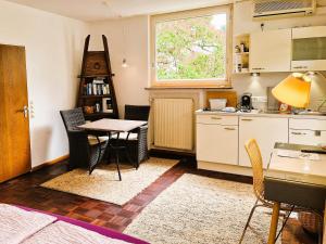 a kitchen with a table and chairs and a kitchen with a window at Freiburg citynah - hell, ruhig, gemütlich in Freiburg im Breisgau