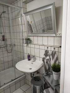 een badkamer met een wastafel, een douche en een spiegel bij Gemütliche Einliegerwohnung im Fachwerkhaus in Bröckel