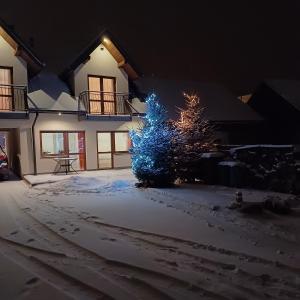 uma árvore de Natal azul na neve em frente a uma casa em Willa Trzy Podkowy em Krościenko