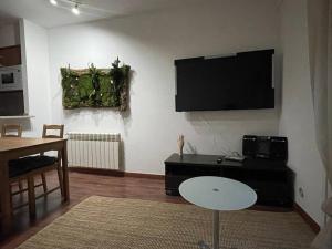 恩坎普的住宿－Ski y Montaña Encamp，客厅配有桌子和墙上的电视