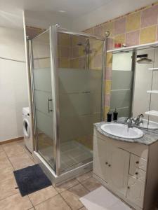 uma casa de banho com um chuveiro e um lavatório. em Gîte O'Cigales em Sablet