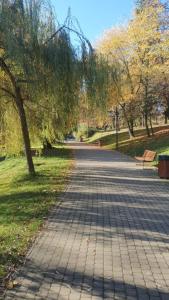 a path in a park with a bench and trees at WOLA Wyjątkowe Studio z Jacuzzi, Sauną i Fotelem do Masażu oraz opcją z Prosecco - Exceptional Studio with Jacuzzi, Sauna, Massage Chair and optional Prosecco in Warsaw