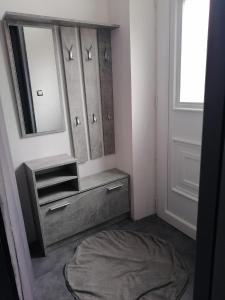 baño con espejo grande y alfombra redonda en Au petit logement, en Soncourt-sur-Marne