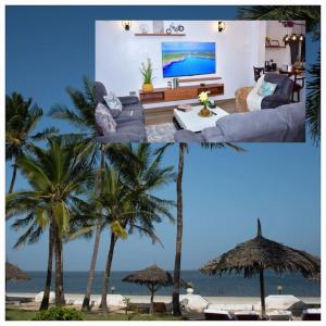 Zuri Luxe 2BR Beach apt.-Malindi في ماليندي: ملصق بثلاث صور لغرفة معيشة فيها نخيل