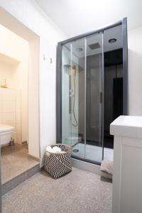 a glass shower in a bathroom with a sink at Moderne 2-Zimmer Wohnung in Gratwein