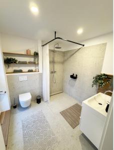 ein Badezimmer mit Dusche, Toilette und Waschbecken in der Unterkunft FeWo Anders - Neubau mit Balkon im Bergischen Land in Reichshof 
