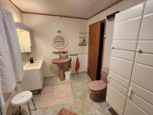 La salle de bains est pourvue d'un lavabo et de toilettes. dans l'établissement Tromtind Lodge, à Tromsø
