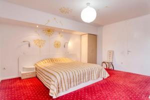 a bedroom with a bed and a red carpet at Casa Preto E Branco in Moieciu de Jos