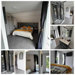 een collage van vier foto's van een slaapkamer bij Villa suzana in La Suze-sur-Sarthe