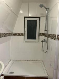 ein weißes Bad mit einer Dusche und einem Waschbecken in der Unterkunft Schönes Haus in Sankt Pölten