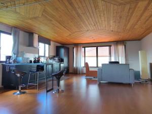 cocina y sala de estar con techo de madera en видовая квартира в Heredia, en Heredia