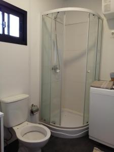 La salle de bains est pourvue de toilettes et d'une douche en verre. dans l'établissement PIRIA, à Playa Hermosa