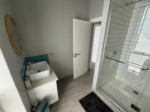 a bathroom with a sink and a glass shower at Unit 8 Alwil Ocean View Villa in Struisbaai