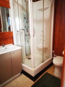 a bathroom with a shower and a sink and a toilet at petite maison 15 mn à pied du marche et vieux port in La Rochelle