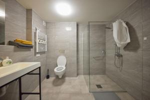 a bathroom with a shower and a toilet and a sink at Block 96 Apartments in Zlín