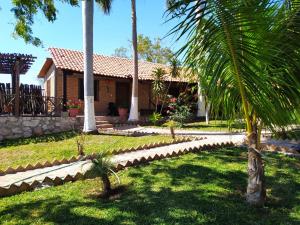 a house with a palm tree in front of a yard at Hotel Villa Dominguez 