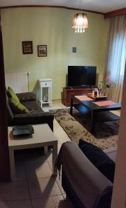een woonkamer met 2 banken en een flatscreen-tv bij Virginia Apartment in Thessaloniki