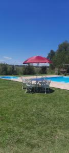 einen Picknicktisch mit einem roten Regenschirm neben einem Pool in der Unterkunft Tierra del Sol y el Vino in San Rafael