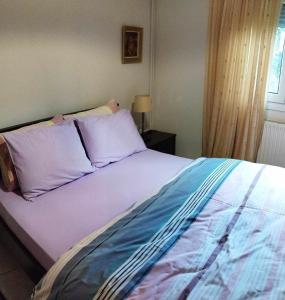ein Bett mit lila Bettwäsche und Kissen in einem Schlafzimmer in der Unterkunft Virginia Apartment in Thessaloniki
