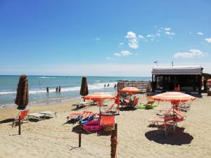 - une plage avec des chaises et des parasols et l'océan dans l'établissement APPARTAMENTO STELLA MARINA, à Silvi Marina