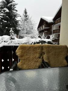 a pair of mittens sitting on a table in the snow at WEF Davos - Klosters Comfort Retreat with Fireplace, Pool & Sauna in Klosters Serneus