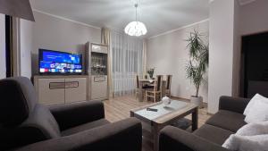 a living room with two couches and a tv at Apartament pod Góralką in Polanica-Zdrój