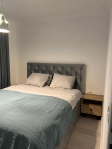Bett mit grauem Kopfteil in einem Schlafzimmer in der Unterkunft Sweet Chic Home in Timişoara