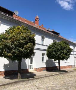 ein weißes Haus mit zwei Bäumen davor in der Unterkunft Haus Gitta II in Luckenwalde