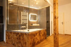 a bathroom with a glass shower and a sink at Loft Apartment mit großer Badewanne A in Mügeln