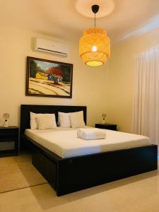 1 dormitorio con 1 cama grande y lámpara de araña en Casa MB1, Los Cabos Residential, en Cabrera
