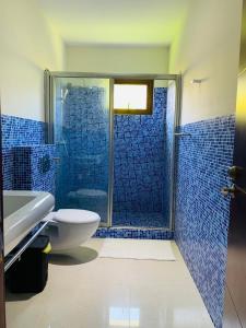 een badkamer met een toilet en een douche met blauwe tegels bij Casa MB1, Los Cabos Residential in Cabrera