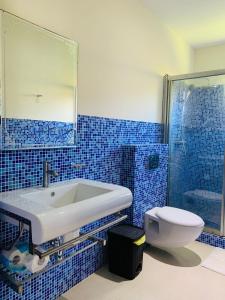 een blauw betegelde badkamer met een wastafel en een toilet bij Casa MB1, Los Cabos Residential in Cabrera