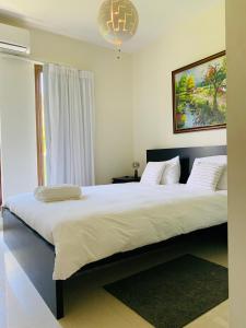 een slaapkamer met een groot wit bed en een kroonluchter bij Casa MB1, Los Cabos Residential in Cabrera