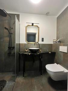 a bathroom with a sink and a toilet and a mirror at Apartamenty Bursztynowa 36 in Niechorze