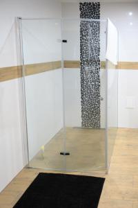 Una ducha de cristal en una habitación con alfombra negra en Chata Exit 