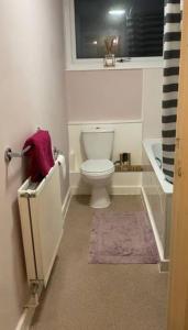 baño con aseo y lavabo y ventana en Lovely, spacious 1-bedroom apartment with *free parking en Mánchester