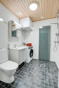 a bathroom with a toilet sink and a washing machine at Lapin Loiste 1, Modern studio, Free Parking and Wifi in Rovaniemi