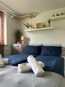 a bedroom with two pillows on a blue bed at Cozy apartment in Ljubljana - Free parking in Ljubljana