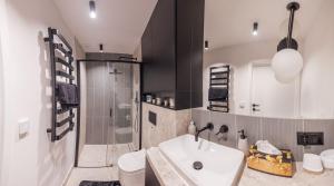 W łazience znajduje się umywalka, toaleta i prysznic. w obiekcie Domki i Glamping Nałęczów - Pod Łysą Górą w Nałęczowie
